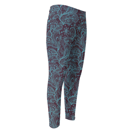 Turquoise Paisley Pattern Print Men's Compression Pants