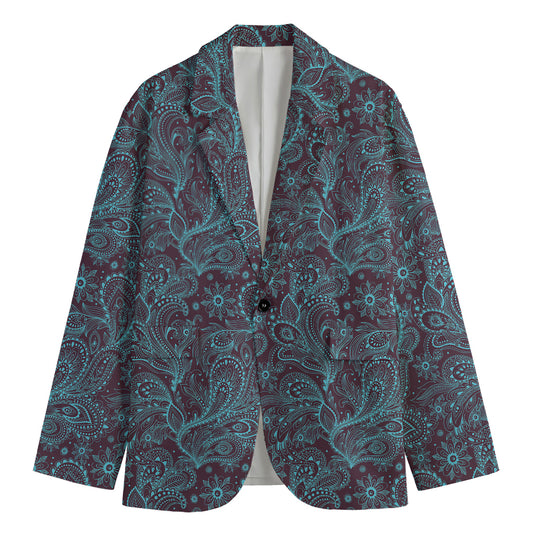 Turquoise Paisley Pattern Print Men's Cotton Blazer