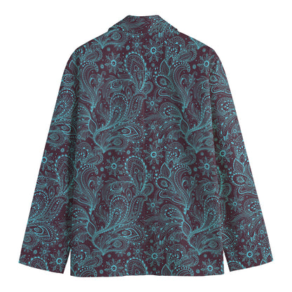 Turquoise Paisley Pattern Print Men's Cotton Blazer