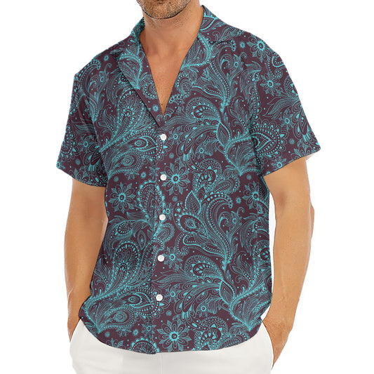 Turquoise Paisley Pattern Print Men's Deep V-Neck Shirt
