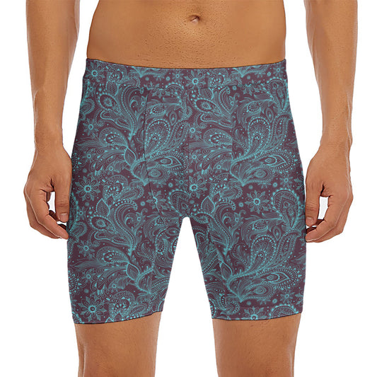 Turquoise Paisley Pattern Print Men's Long Boxer Briefs