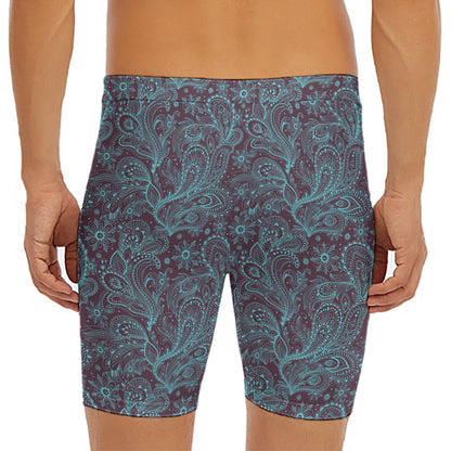 Turquoise Paisley Pattern Print Men's Long Boxer Briefs