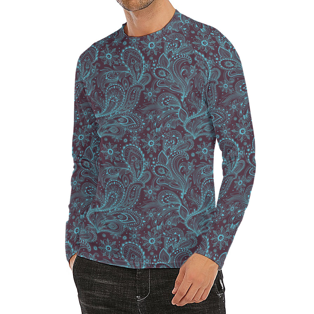 Turquoise Paisley Pattern Print Men's Long Sleeve Rash Guard