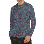 Turquoise Paisley Pattern Print Men's Long Sleeve Rash Guard