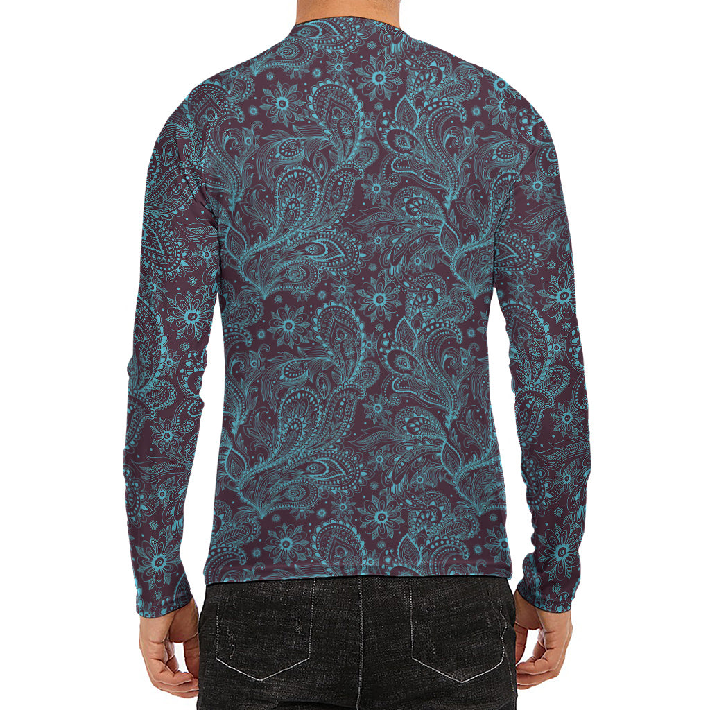 Turquoise Paisley Pattern Print Men's Long Sleeve Rash Guard