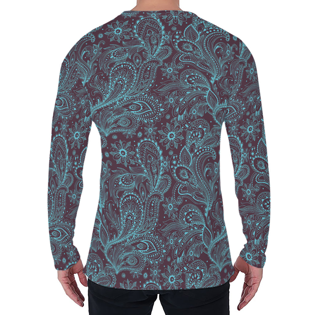Turquoise Paisley Pattern Print Men's Long Sleeve T-Shirt
