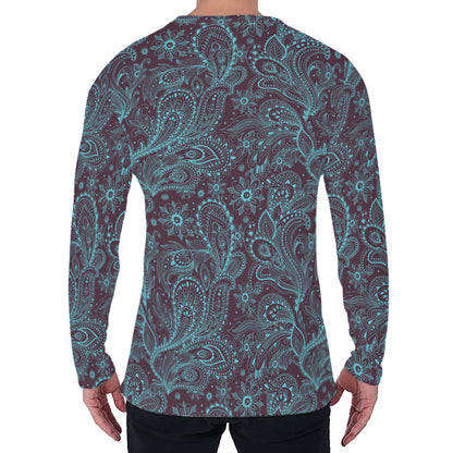 Turquoise Paisley Pattern Print Men's Long Sleeve T-Shirt