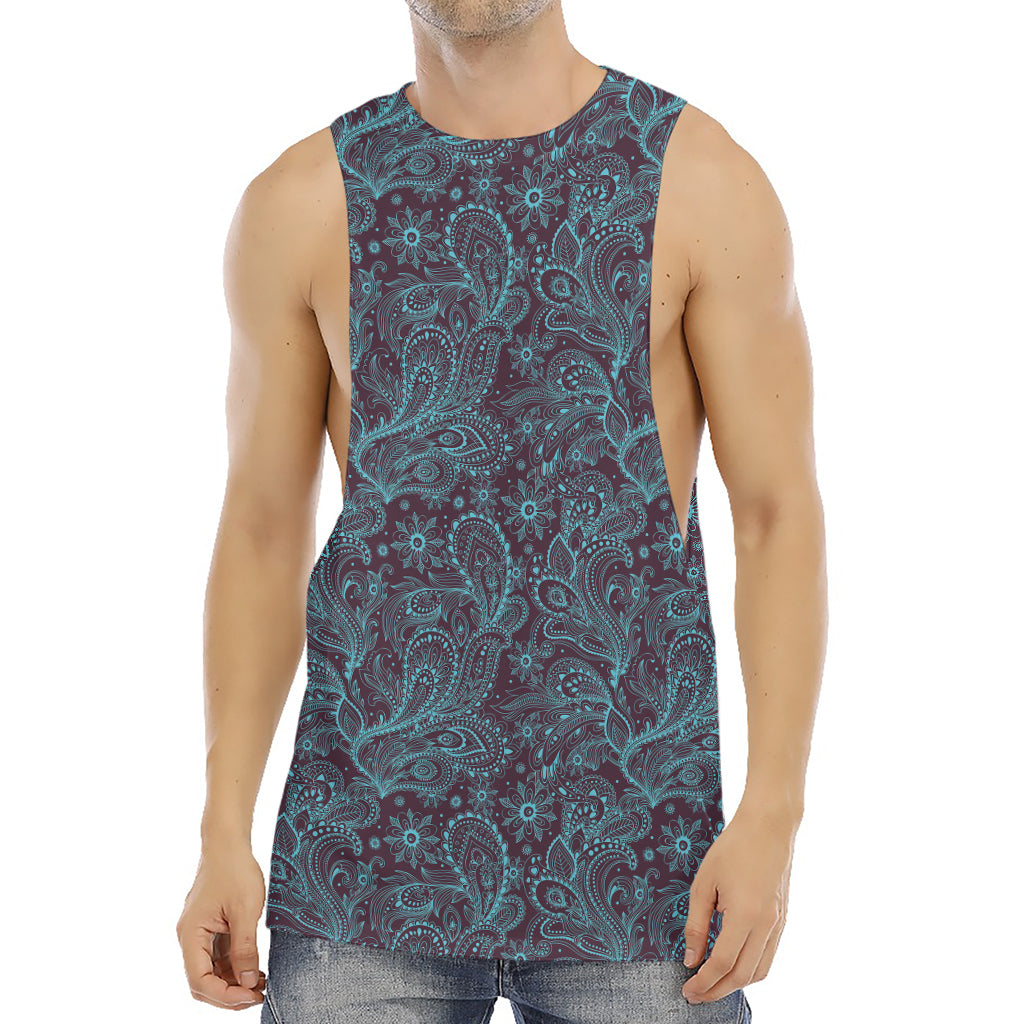 Turquoise Paisley Pattern Print Men's Muscle Tank Top