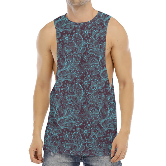 Turquoise Paisley Pattern Print Men's Muscle Tank Top