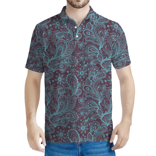 Turquoise Paisley Pattern Print Men's Polo Shirt
