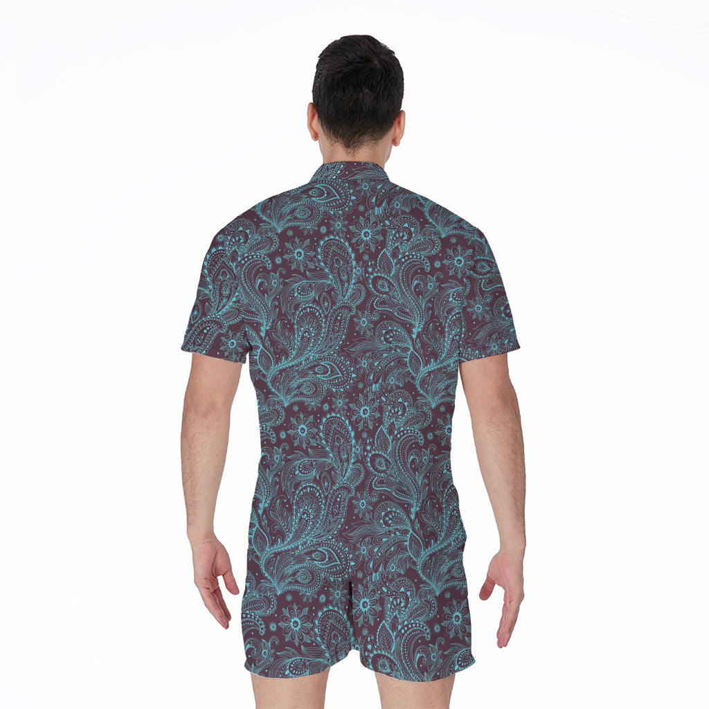 Turquoise Paisley Pattern Print Men's Rompers