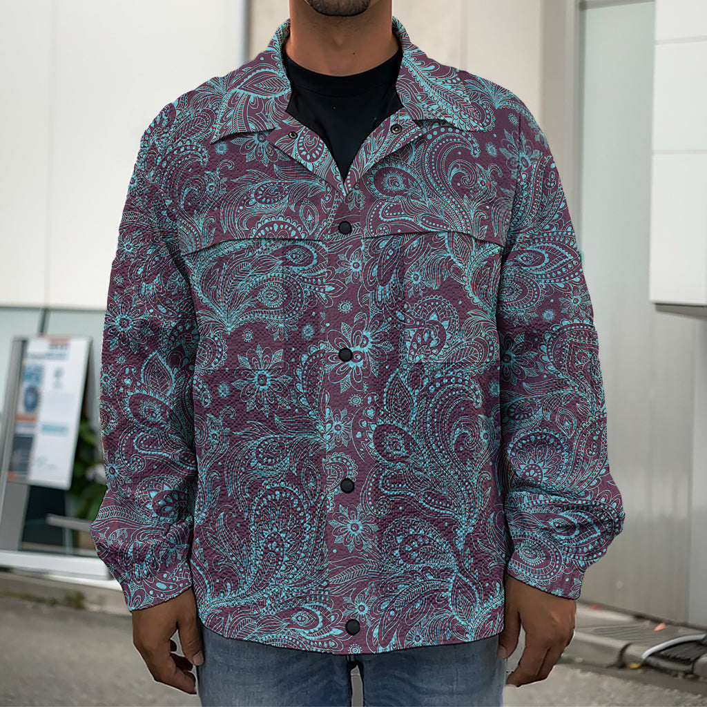 Turquoise Paisley Pattern Print Men's Shirt Jacket