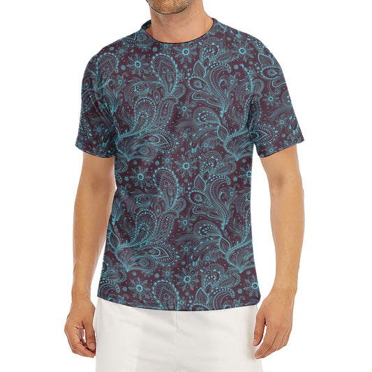 Turquoise Paisley Pattern Print Men's Short Sleeve Rash Guard