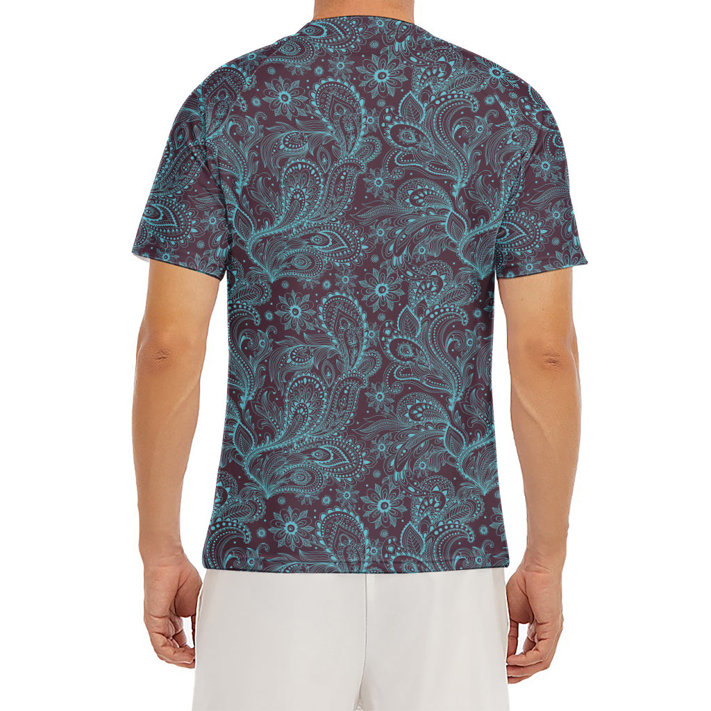 Turquoise Paisley Pattern Print Men's Short Sleeve Rash Guard