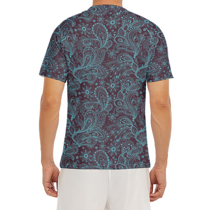 Turquoise Paisley Pattern Print Men's Short Sleeve Rash Guard