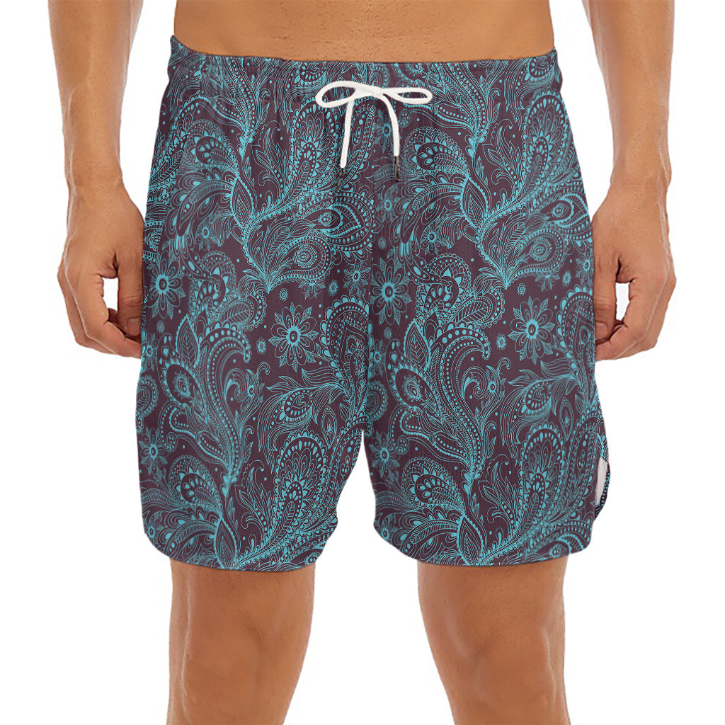 Turquoise Paisley Pattern Print Men's Split Running Shorts