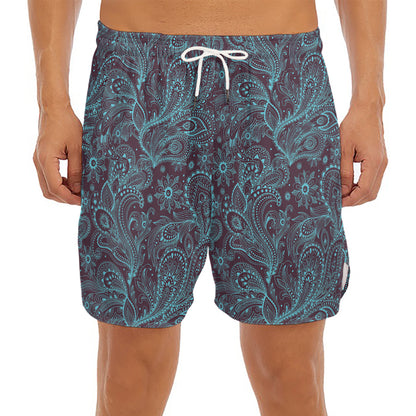 Turquoise Paisley Pattern Print Men's Split Running Shorts