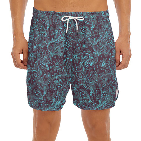 Turquoise Paisley Pattern Print Men's Split Running Shorts
