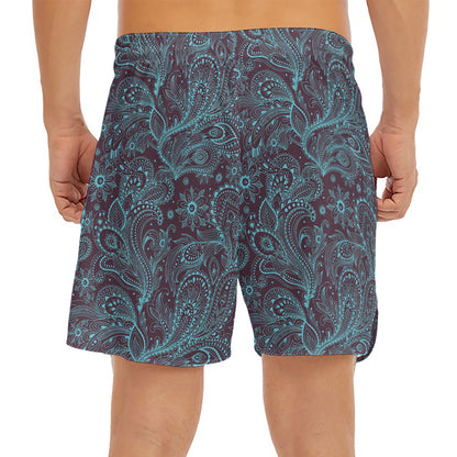Turquoise Paisley Pattern Print Men's Split Running Shorts