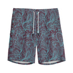 Turquoise Paisley Pattern Print Men's Sports Shorts