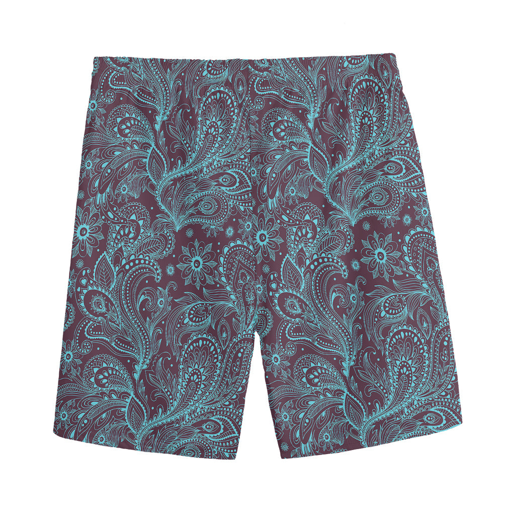 Turquoise Paisley Pattern Print Men's Sports Shorts