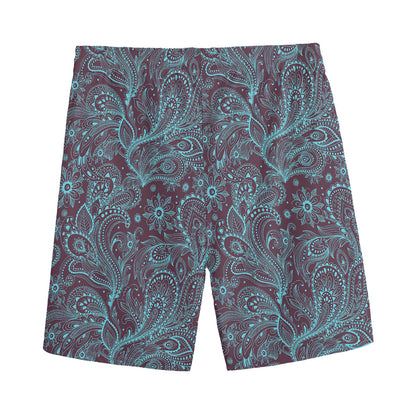 Turquoise Paisley Pattern Print Men's Sports Shorts