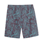 Turquoise Paisley Pattern Print Men's Sports Shorts