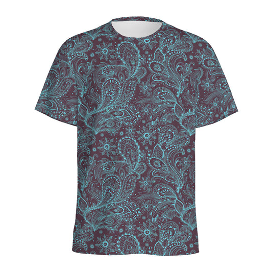 Turquoise Paisley Pattern Print Men's Sports T-Shirt