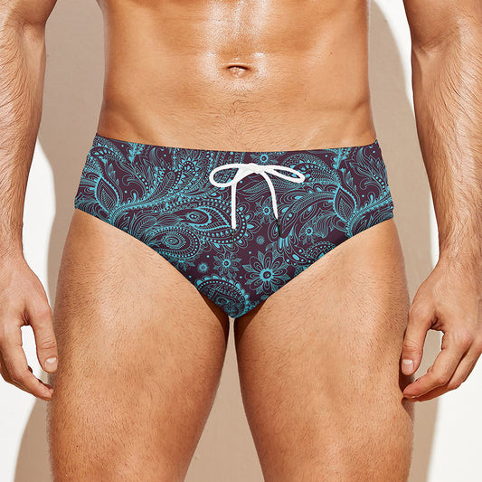 Turquoise Paisley Pattern Print Men's Swim Briefs