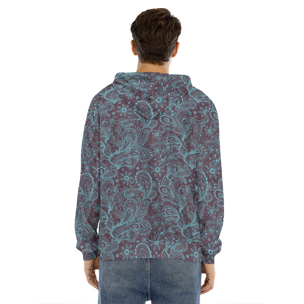Turquoise Paisley Pattern Print Men's Velvet Pullover Hoodie