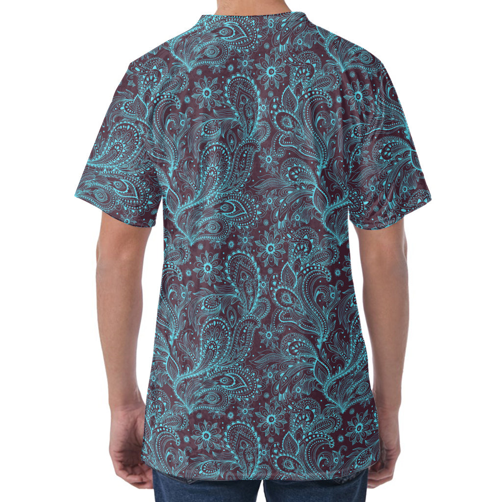Turquoise Paisley Pattern Print Men's Velvet T-Shirt