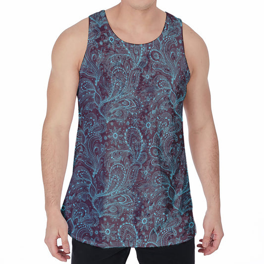 Turquoise Paisley Pattern Print Men's Velvet Tank Top
