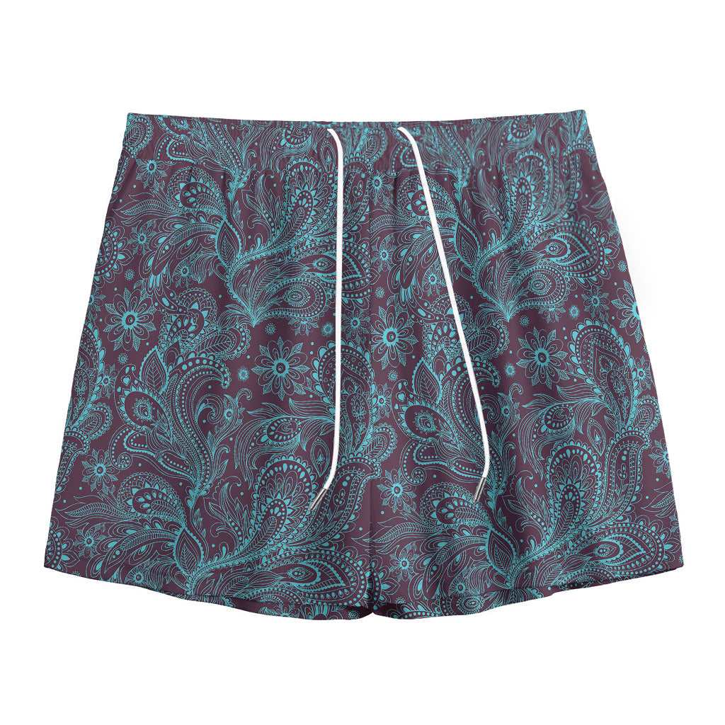 Turquoise Paisley Pattern Print Mesh Shorts