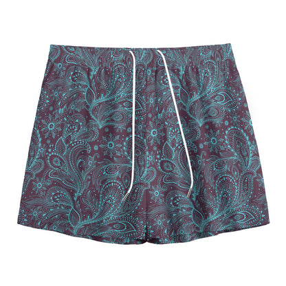 Turquoise Paisley Pattern Print Mesh Shorts
