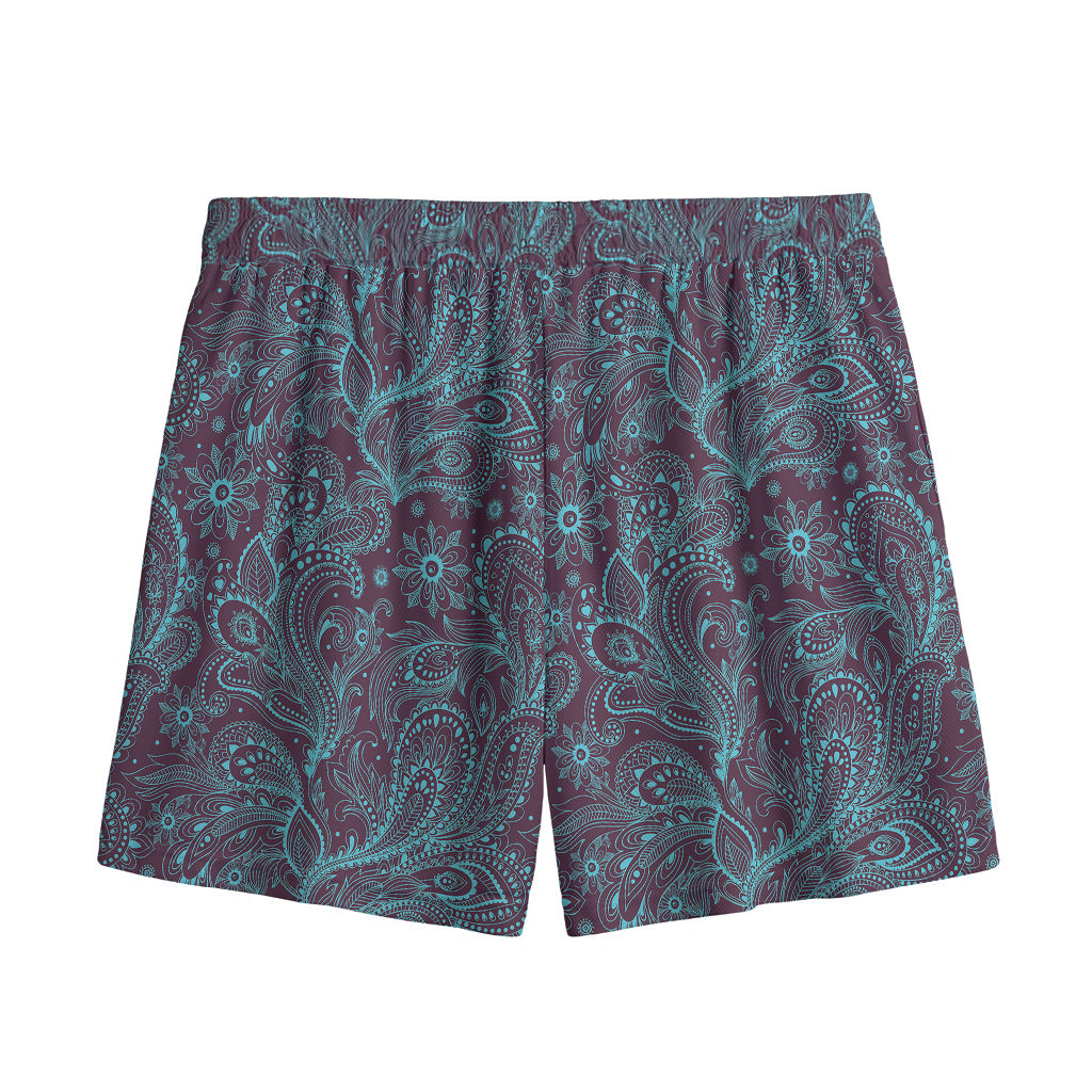 Turquoise Paisley Pattern Print Mesh Shorts