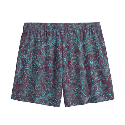 Turquoise Paisley Pattern Print Mesh Shorts