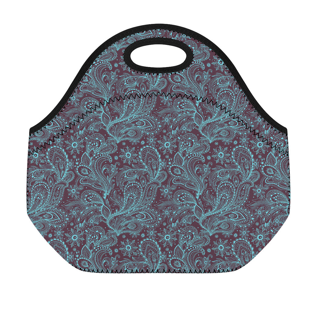 Turquoise Paisley Pattern Print Neoprene Lunch Bag