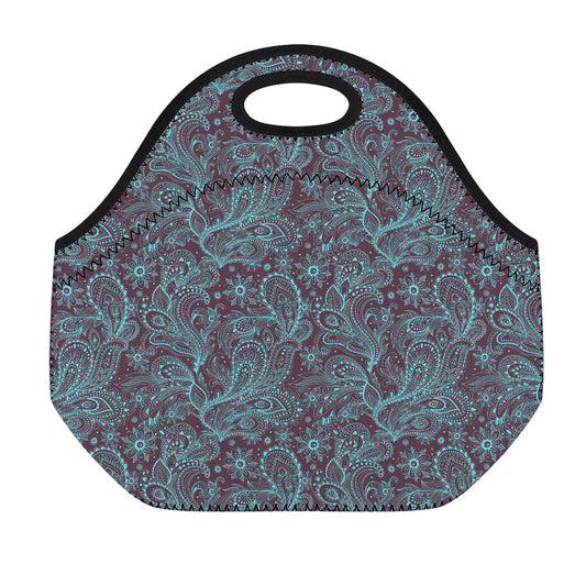 Turquoise Paisley Pattern Print Neoprene Lunch Bag