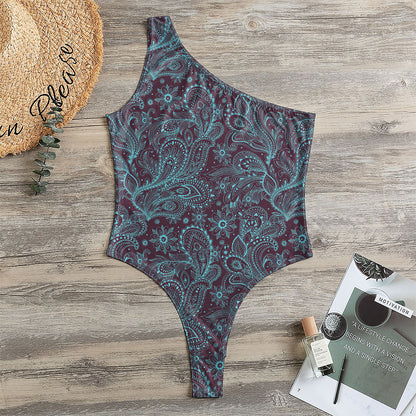 Turquoise Paisley Pattern Print One Shoulder Bodysuit