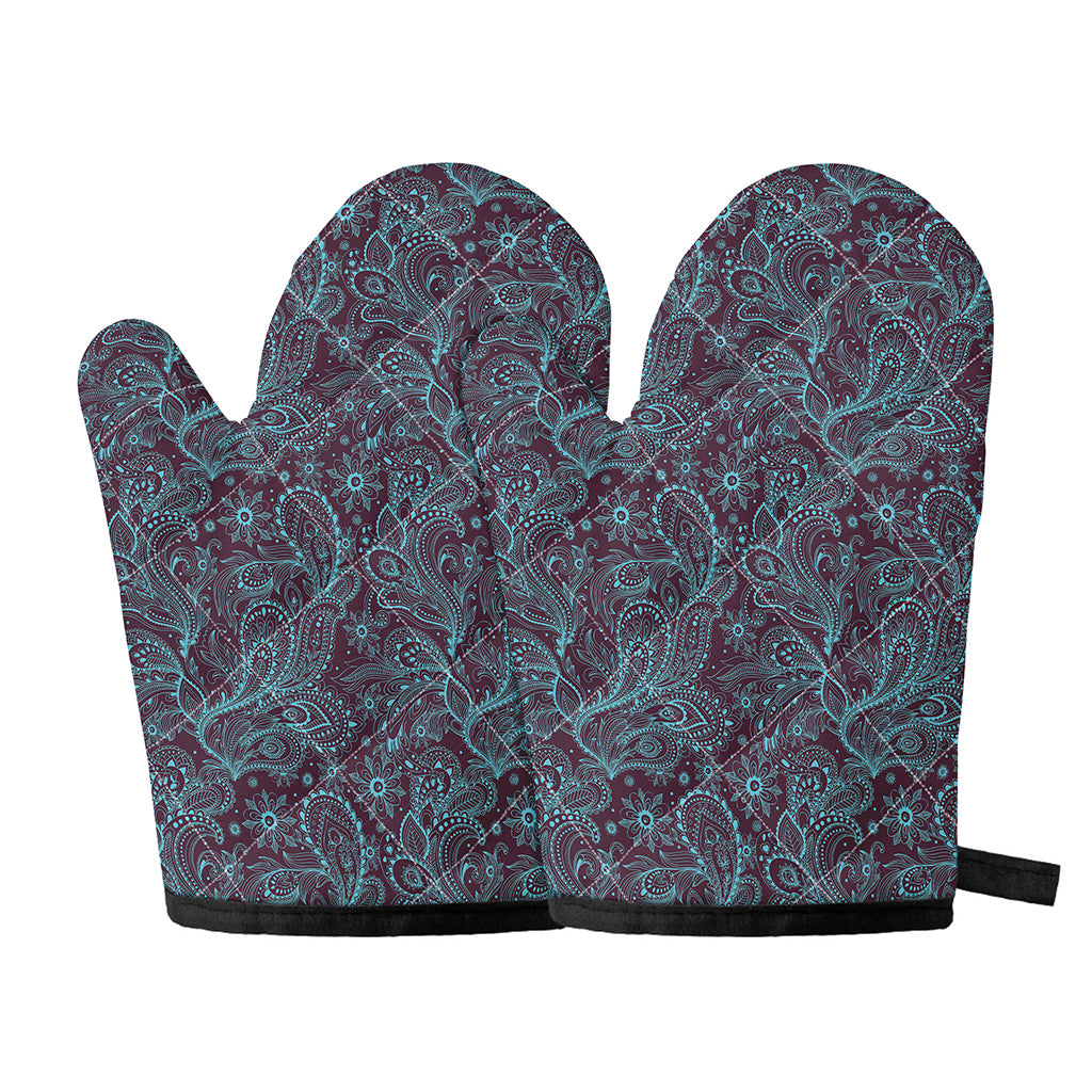 Turquoise Paisley Pattern Print Oven Mitts