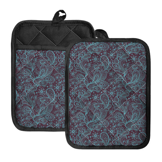 Turquoise Paisley Pattern Print Pot Holders With Pocket