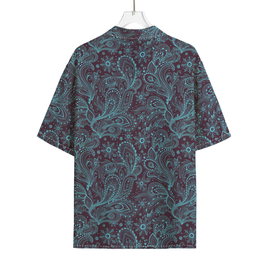 Turquoise Paisley Pattern Print Rayon Hawaiian Shirt