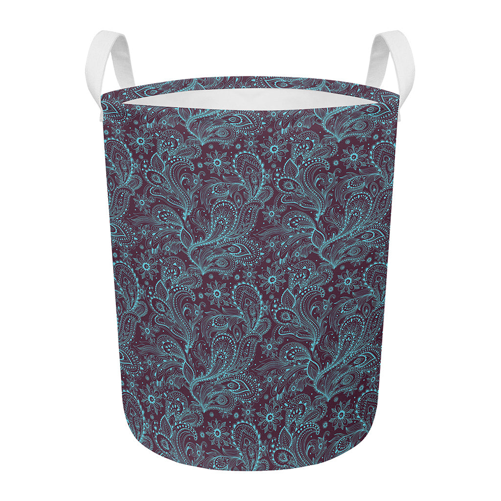 Turquoise Paisley Pattern Print Round Laundry Basket
