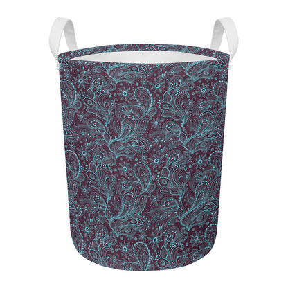 Turquoise Paisley Pattern Print Round Laundry Basket