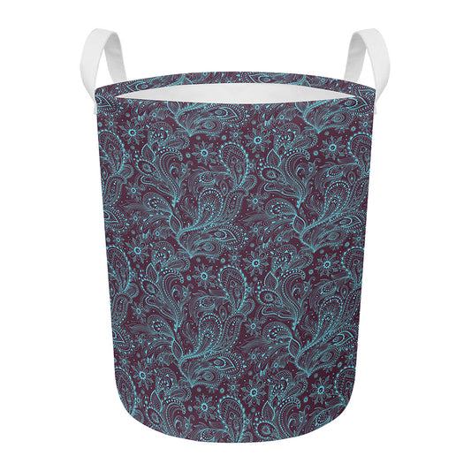 Turquoise Paisley Pattern Print Round Laundry Basket