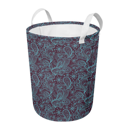 Turquoise Paisley Pattern Print Round Laundry Basket