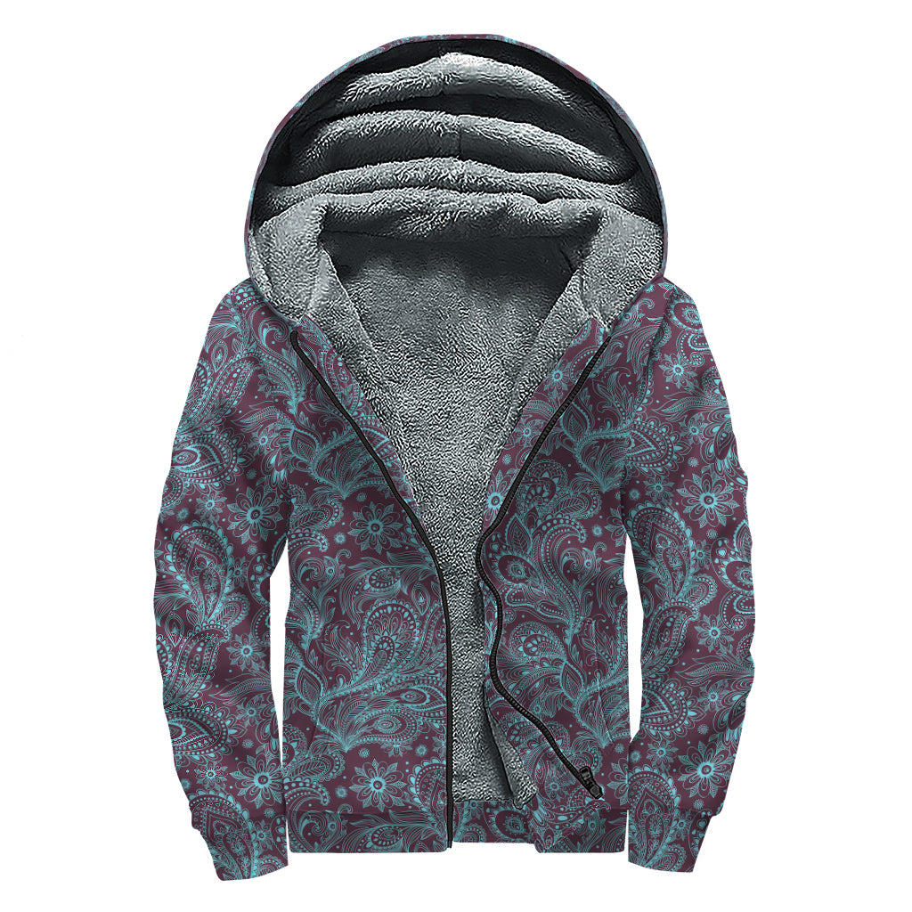 Turquoise Paisley Pattern Print Sherpa Lined Zip Up Hoodie