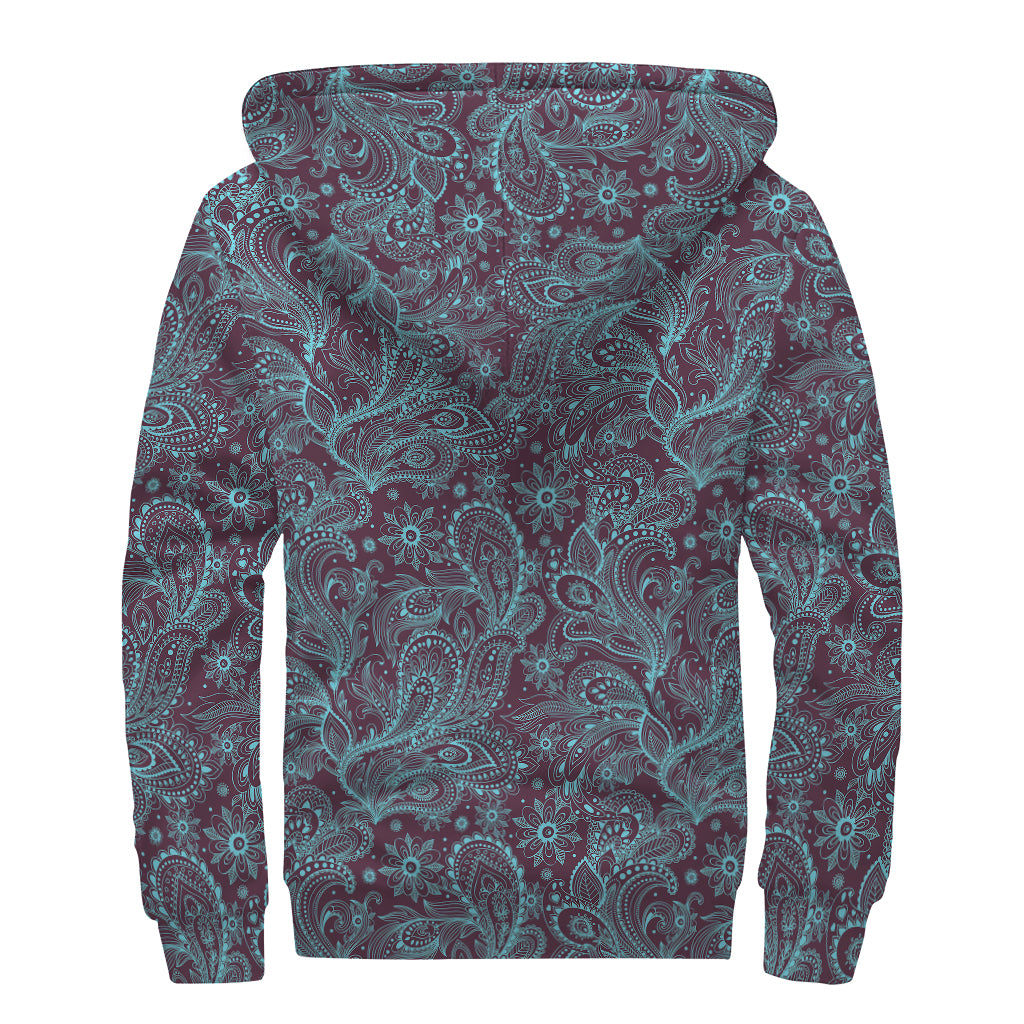 Turquoise Paisley Pattern Print Sherpa Lined Zip Up Hoodie