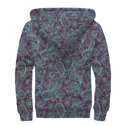 Turquoise Paisley Pattern Print Sherpa Lined Zip Up Hoodie