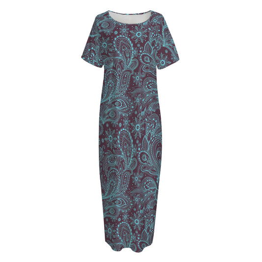 Turquoise Paisley Pattern Print Short Sleeve Long Nightdress